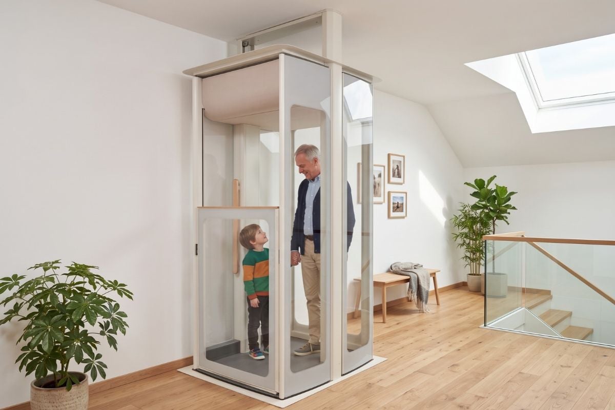 Grand-père et petit-fils dans un ascenseur de maison Uplifts par Stannah, installé sur un palier lumineux sous les combles.