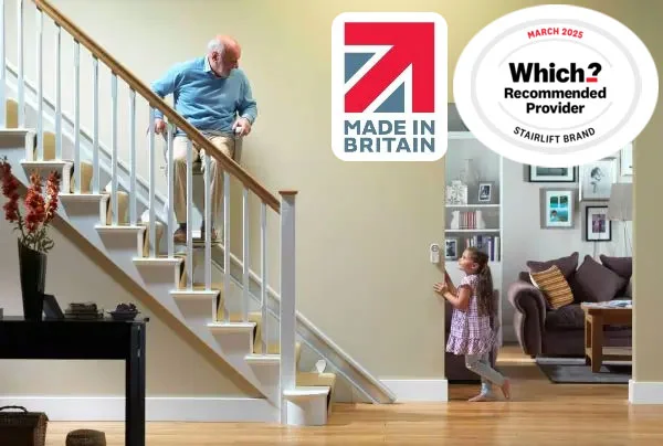 A gentleman sitting on a Stannah stairlift 