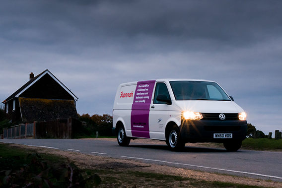 x Stannah van at dusk on country road
